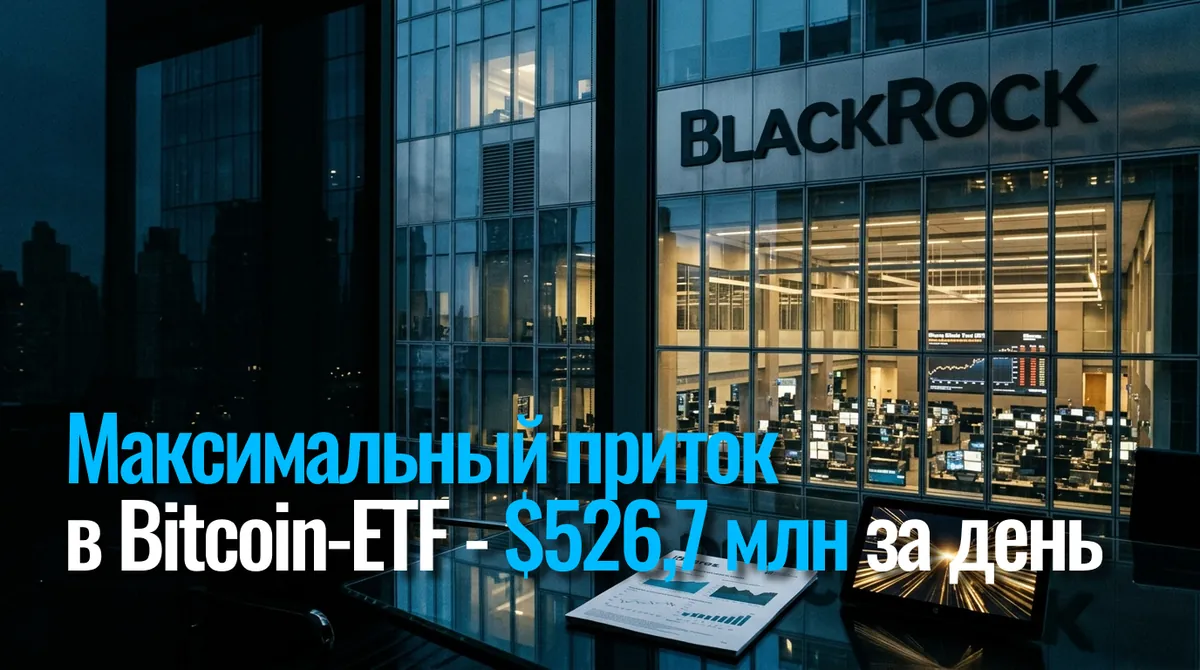Максимальний за місяць приплив у Bitcoin-ETF - $526,7 млн за день, і весь від BlackRock