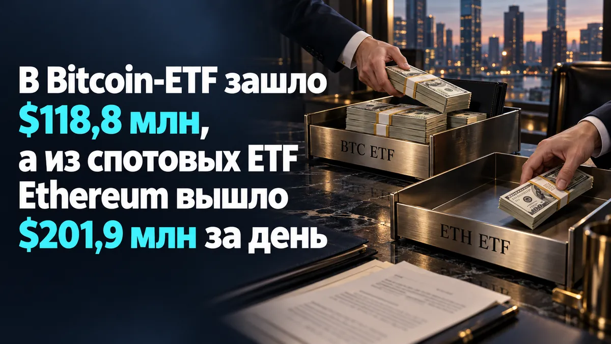 У Bitcoin-ETF зайшло $118,8 млн, а зі спотових ETF Ethereum вийшло $201,9 млн за день