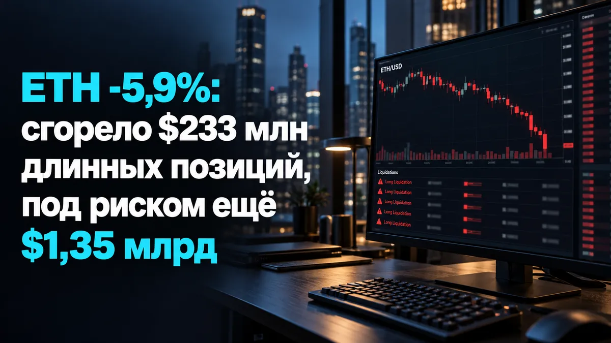 ETH -5,9%: згоріло $233 млн довгих позицій, під ризиком ще $1,35 млрд