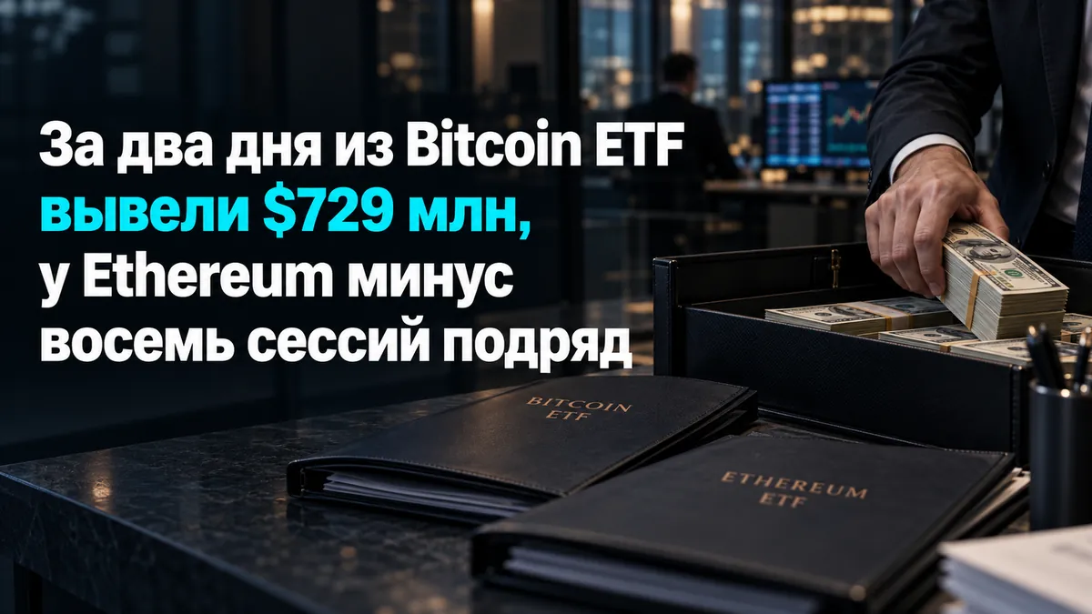 За два дні з Bitcoin ETF вивели $729 млн, в Ethereum мінус вісім сесій поспіль